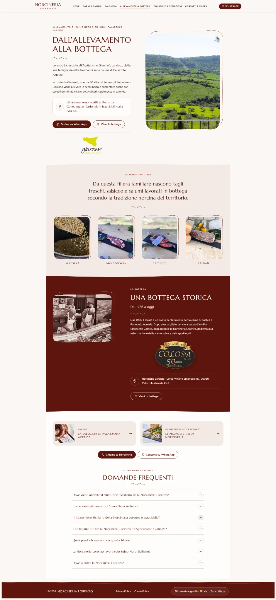 Pagina Allevamento e bottega del sito Norcineria Lorenzo: Suino Nero Siciliano allevato in contrada Giannavì, filiera familiare, bottega storica dal 1966 in Corso Vittorio Emanuele 87 e domande frequenti